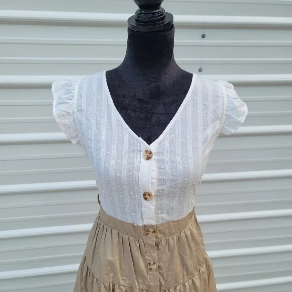 Mine Flutter Sleeve Button Down White Tan A-Lind … - image 6